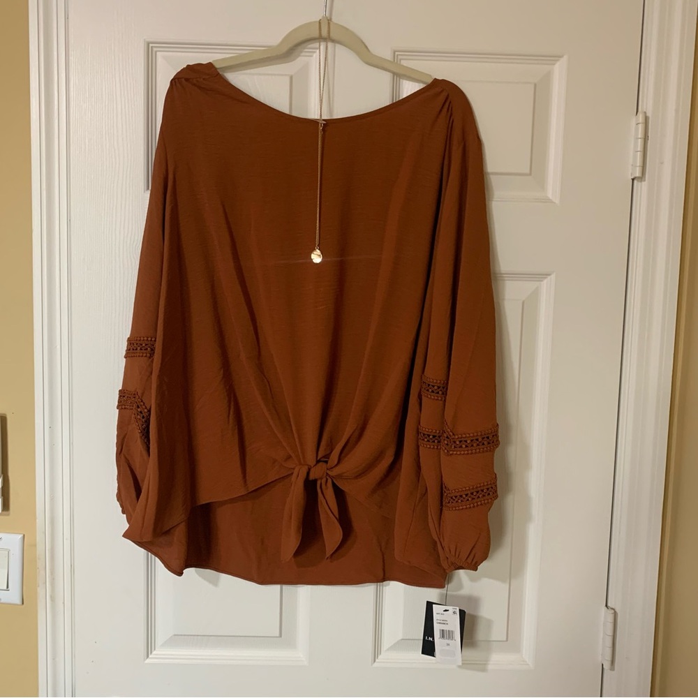 I.N. Studio Terracotta Tie-Back Blouse with Necklaceโ Size 3X Boho Chic Casual